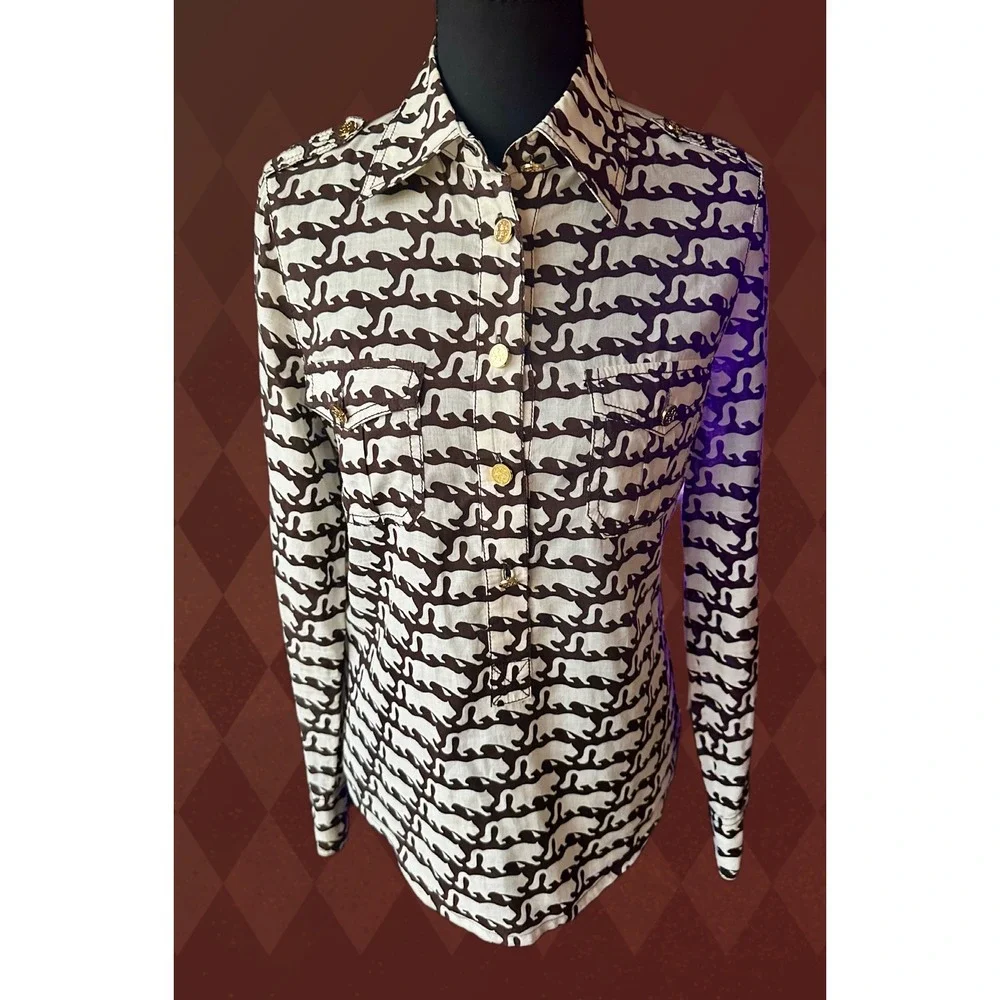 Tory Burch Women Brown White Cotton Button Down Shirt Epaulettes size 4